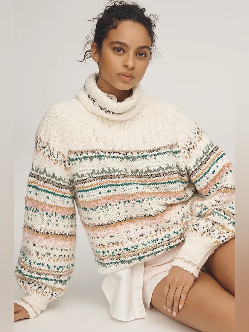 Anthropologie Pilcro Relaxed Turtleneck Sweater Ivory Fair Isle Cozy Boho Sz S
